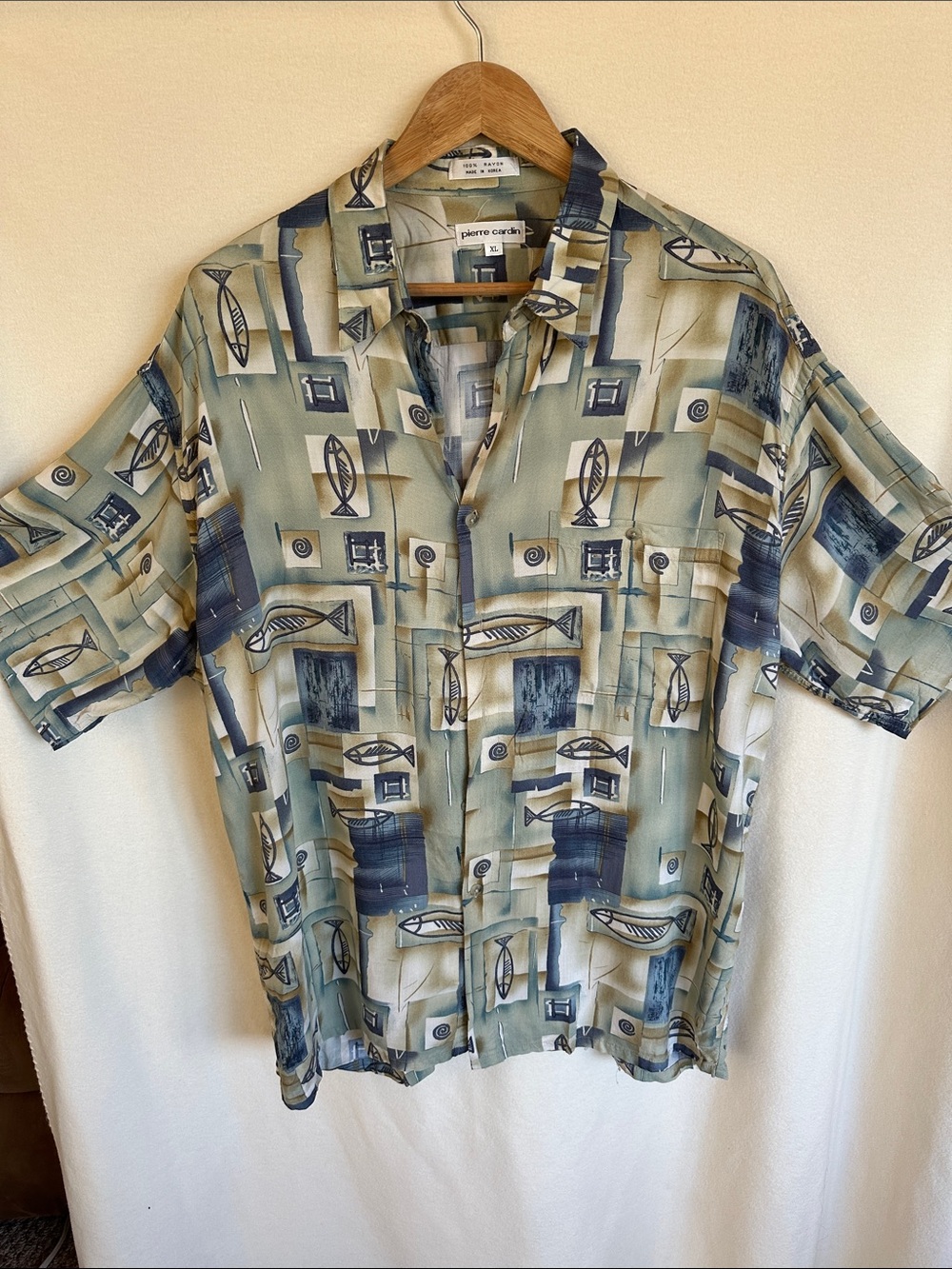 Pierre Cardin Blue & Green Short-Sleeve Camp Classic Button-Up Shirt Size XL